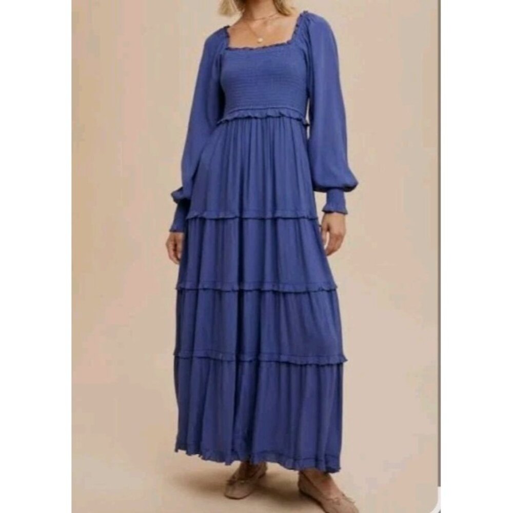 In Loom Smocked‎ Maxi Dress Balloon Sleeves Blue Off The Shoulder Flowy Whimsy